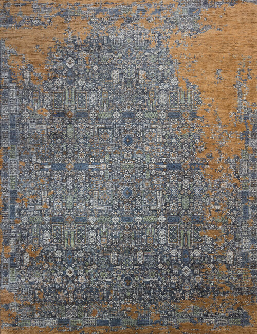 Vintage style rug with a woven pattern in some parts and other sections that look like pattern worn through.