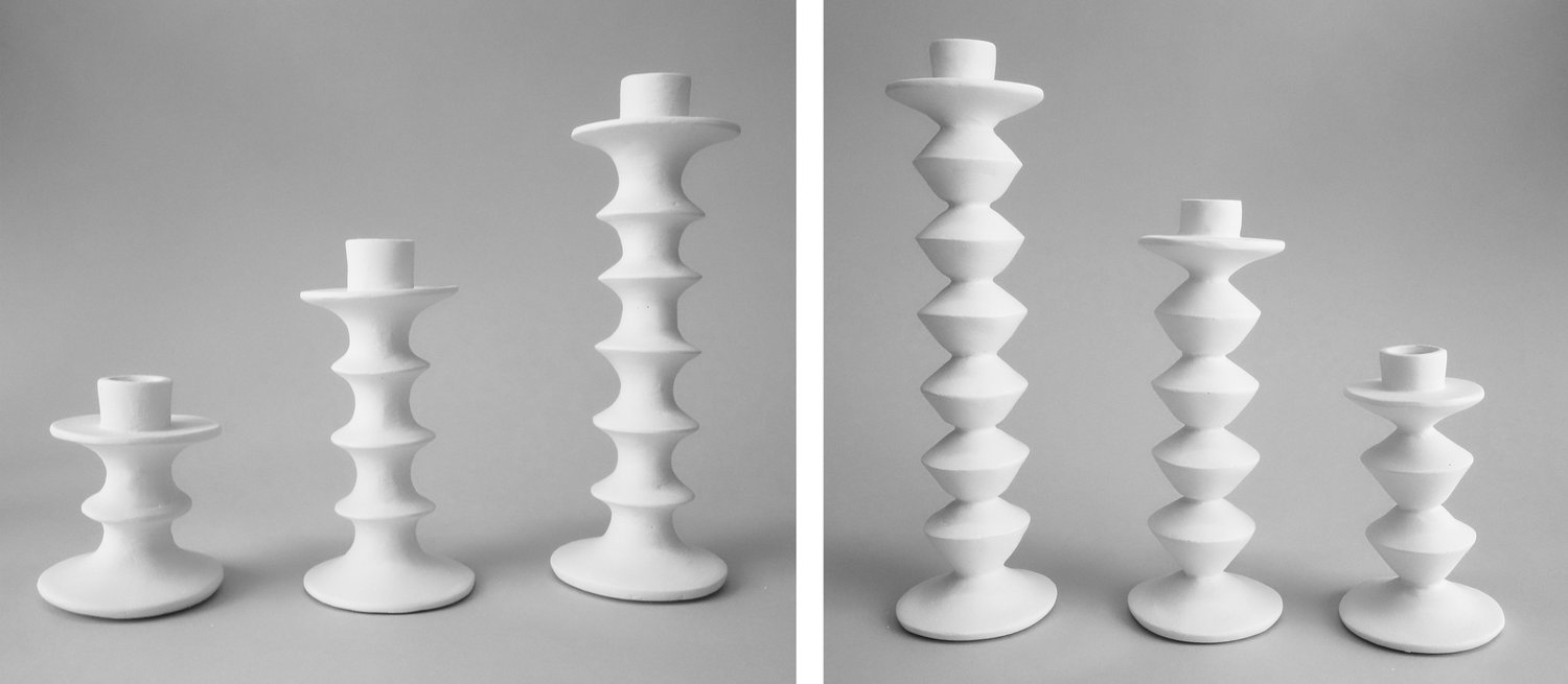 Two side-by-side images with each showing modern white candlesticks in order of height.