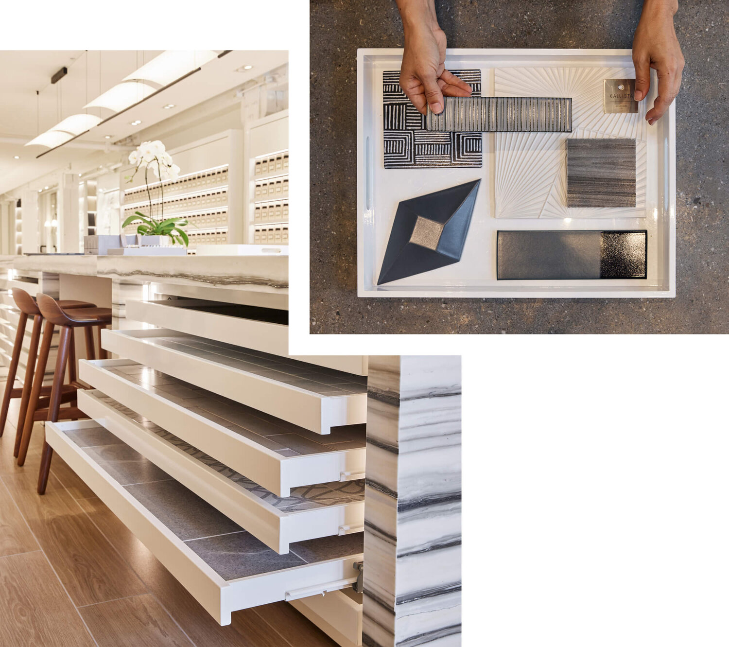 Two images: larger image shows drawers of tiles that pull out for easy display. Other Image is a closeup of someone putting different tiles together in a tray to review.