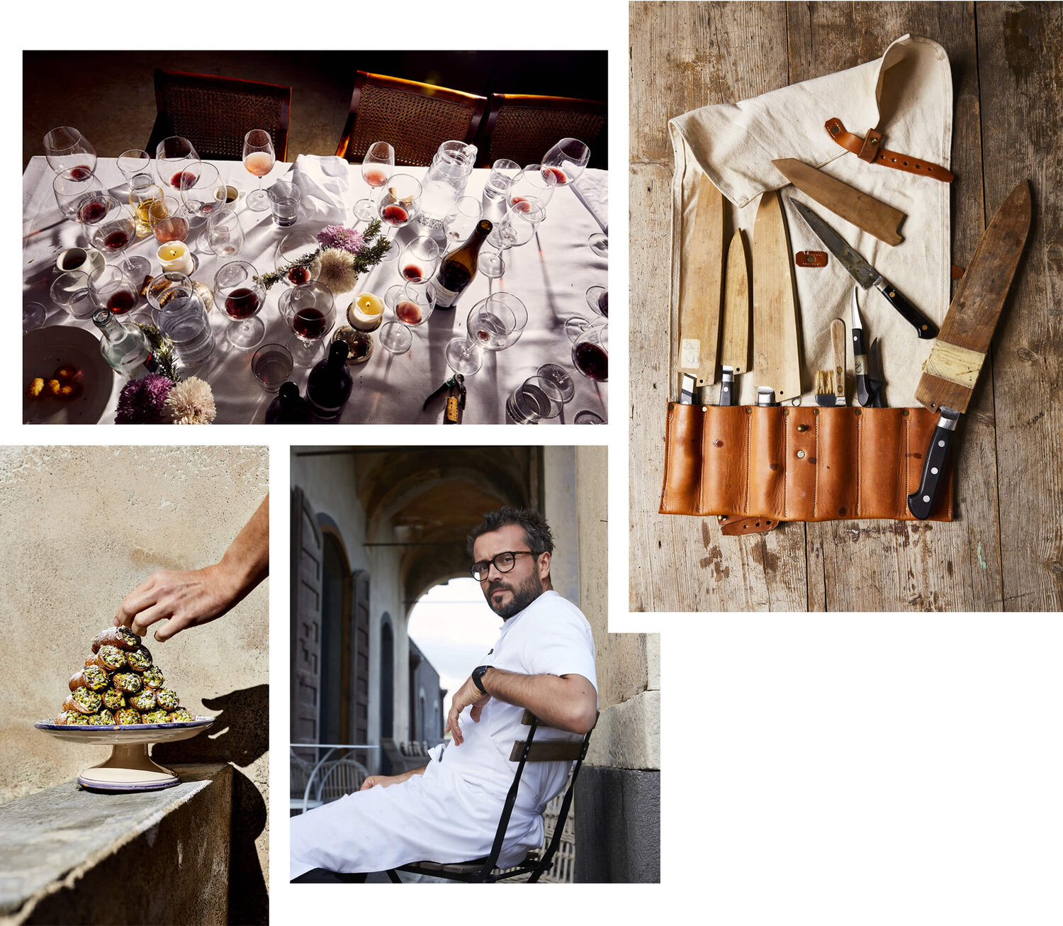 Collage of pictures showing a chef relaxing in whites; a set of well-used knife set in leather holder and a table with many wine glasses on a table top after use.