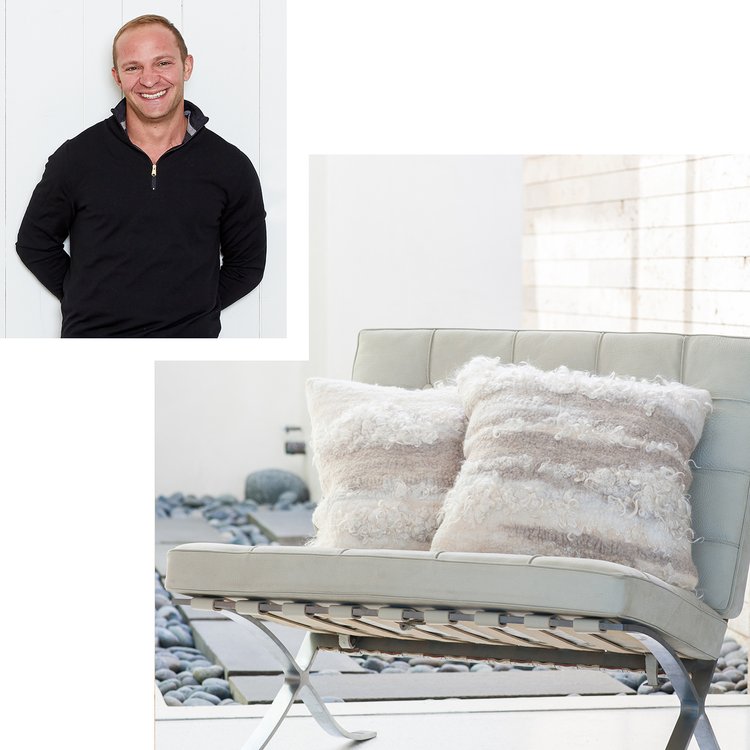 Inset image of designer smiling for camera. Larger image of bench chair with textured pillows on it.
