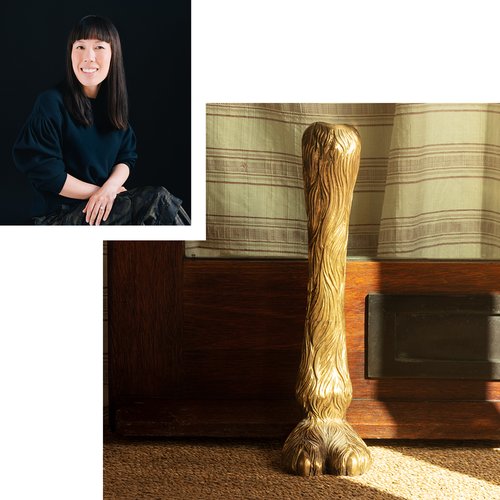 Inset image of designer with larger image of a doorstop shaped like the lower leg and paw of a camel.