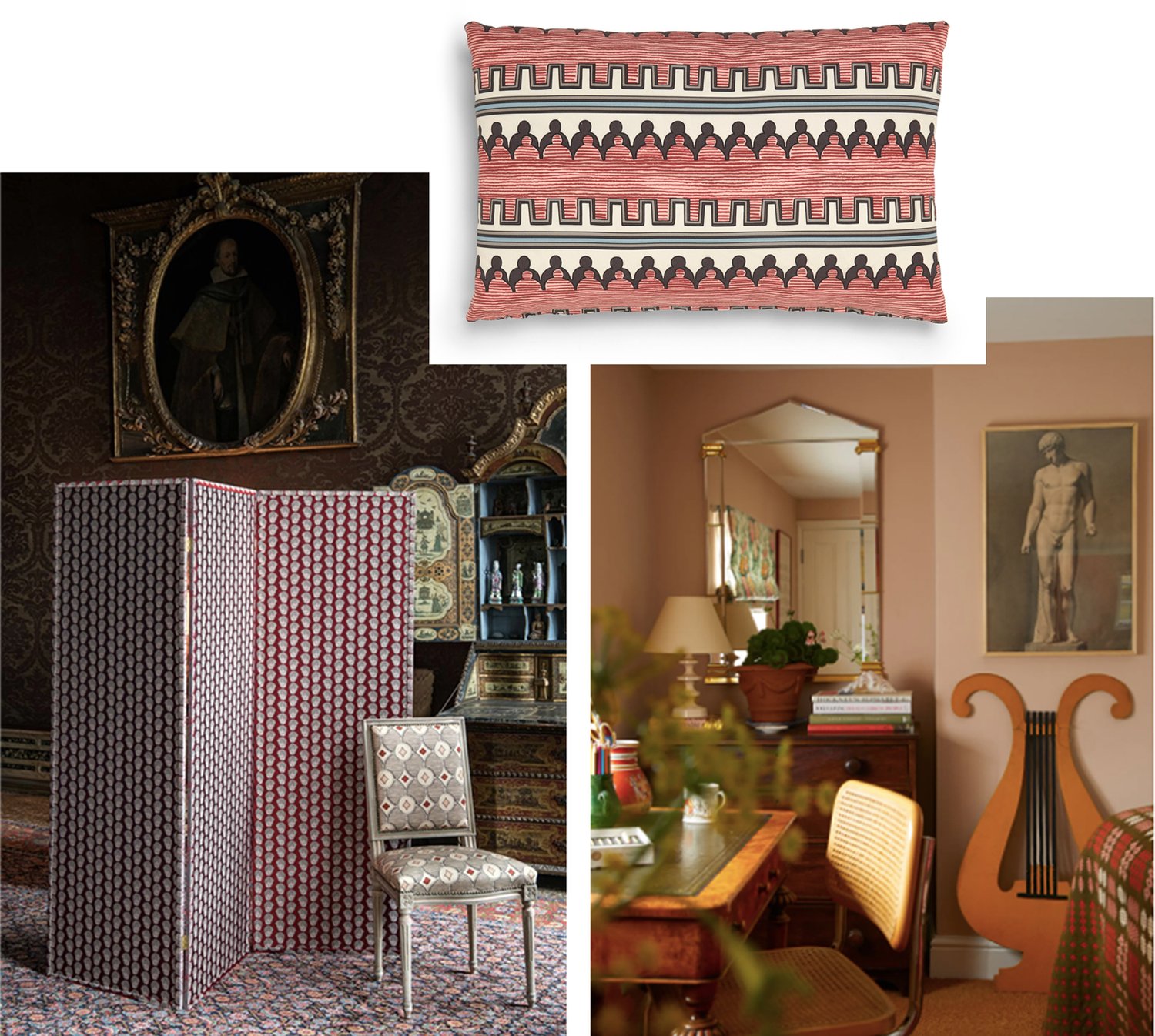 Three images: One on left of a textured screen in ornate room. Second of a bedroom with decorative accessories. Third is an inset of a throw pillow with graphic pattern.