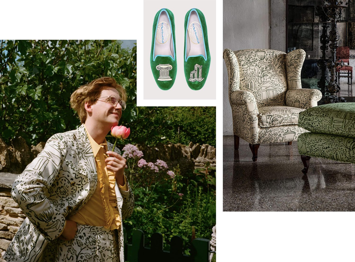 Designer in suit with graphic pattern holding a flower in a lovely garden. Inset image of velvet slippers with metal column details. The third image of an upholstered armchair and ottoman with same graphic fabric as suit in other image.