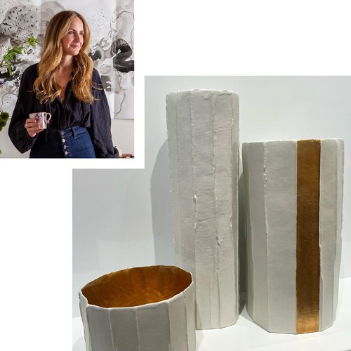 Inset image of designer with larger image of a set of modern vases.