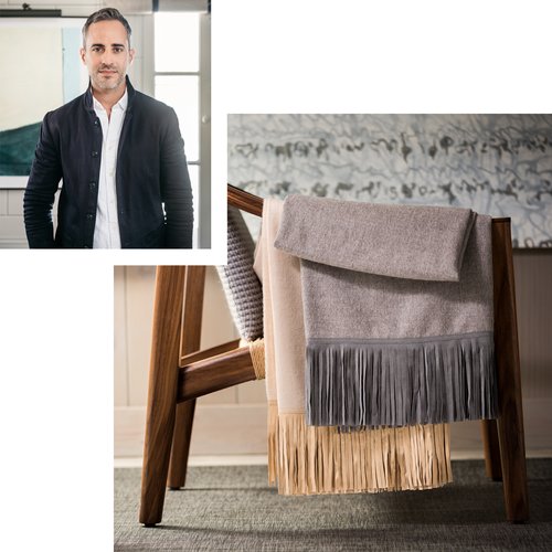Designer in inset image with larger image of side view of a chair with two woven blankets with fringe draped over the chair arm.