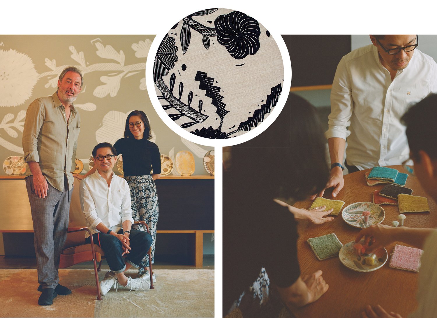 Three images: On left, two men and a woman posed for camera. On right, the design team at work picking fabrics and elements. Inset image is a closeup of a graphic pattern.