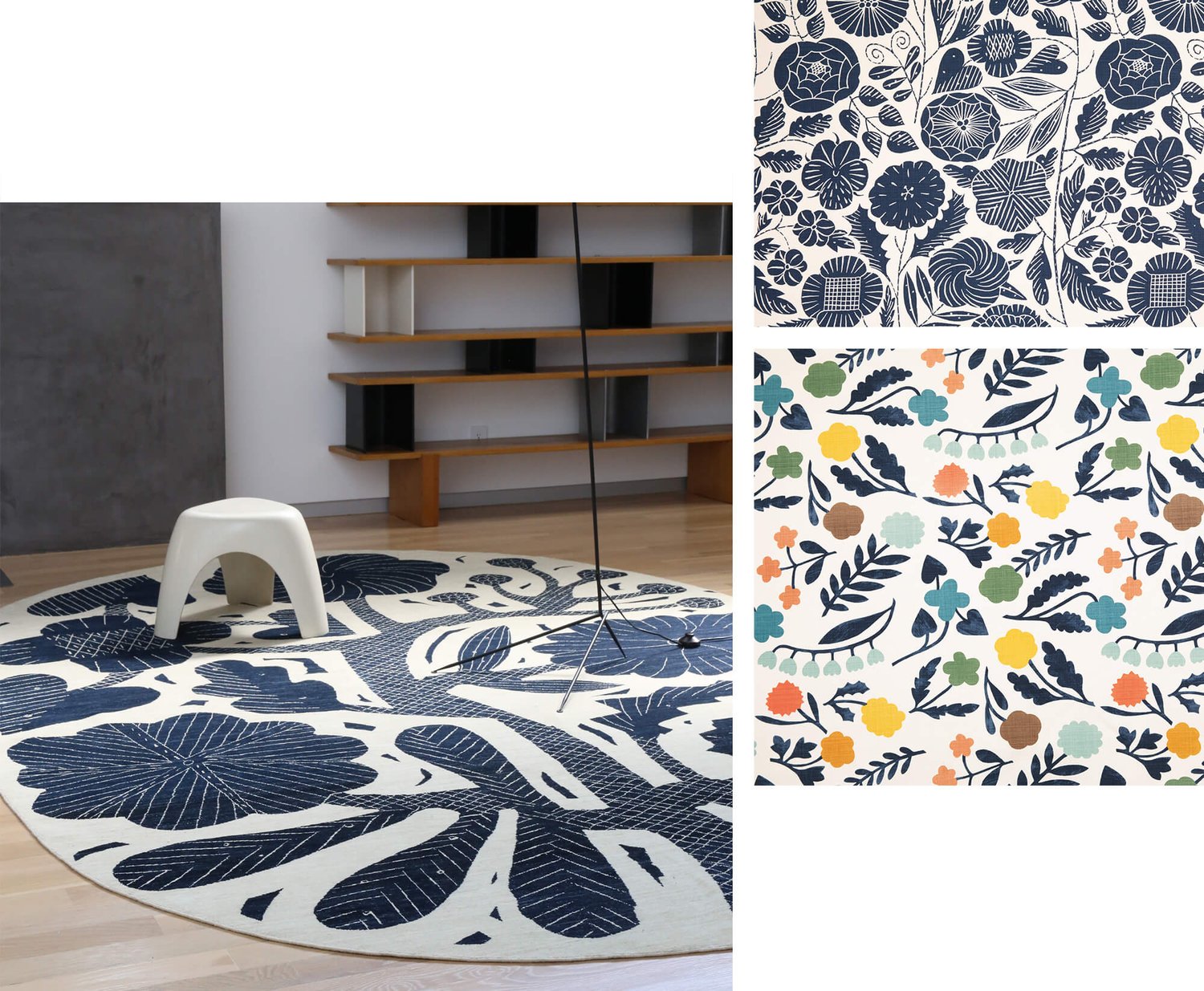 Three images displaying different patterns of fabrics and rug.