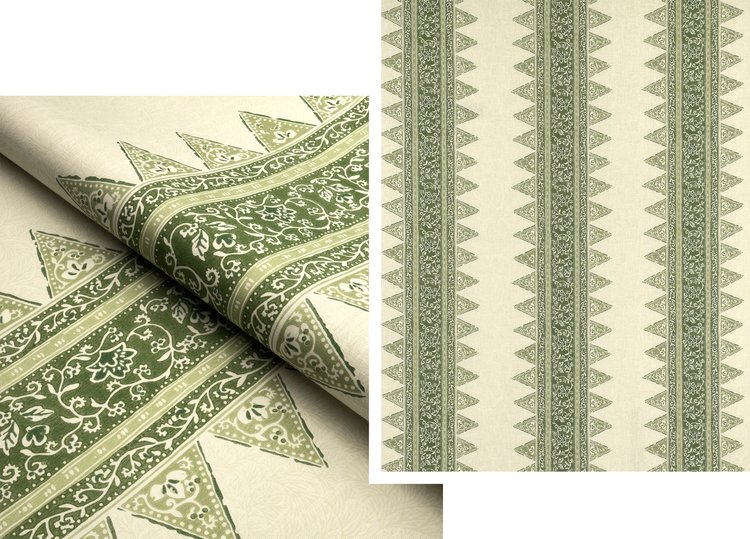 Two overlapping images of fabric with green patterns.