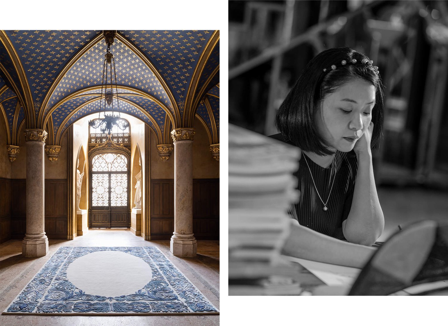 Two images: On left is an arched ceiling room with textured area rug. On right is a woman concentrating on her work.