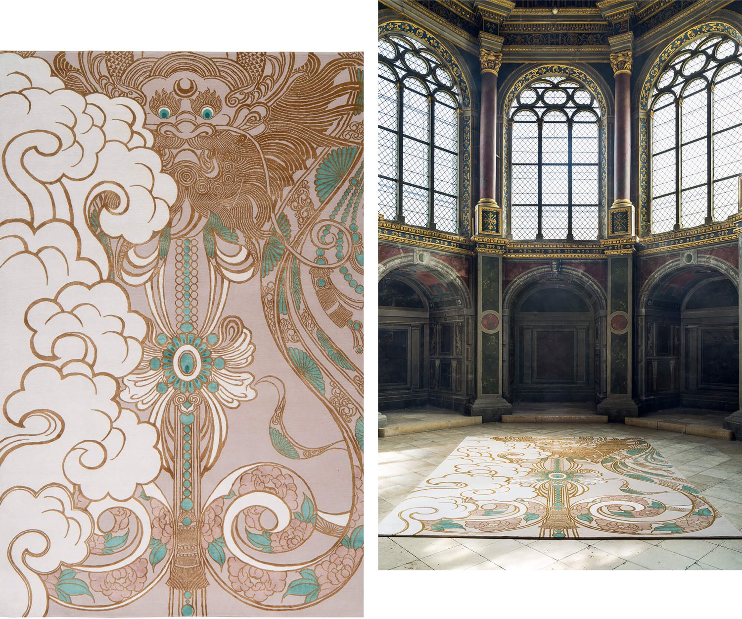 Two images: On left a closeup of the whimsical graphic of a dragon and on right the rug with that pattern in a high ceilinged hall with large arched windows.