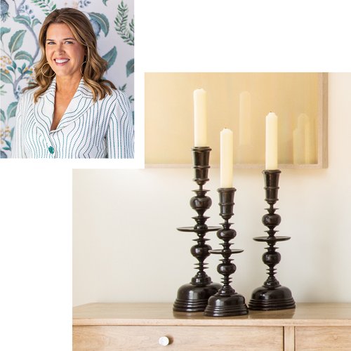 Inset image of smiling designer with larger image of dark color candlesticks in use.