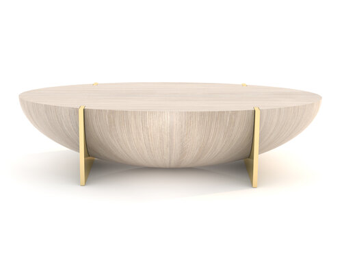 Table that looks like it is a stone ball cut in half supported by two brass supports.