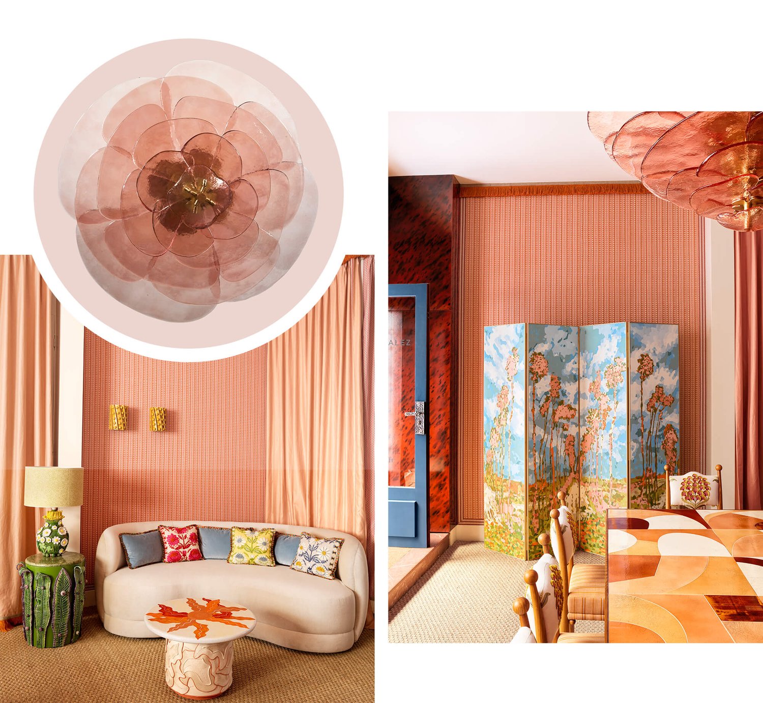 Three images: Inset image of glass chandelier shaped like petals of a rose. Larger image on left is of a curved couch in a living room. Image on right is of an inlaid dining table with upholstered chairs and a painted folding screen in background.
