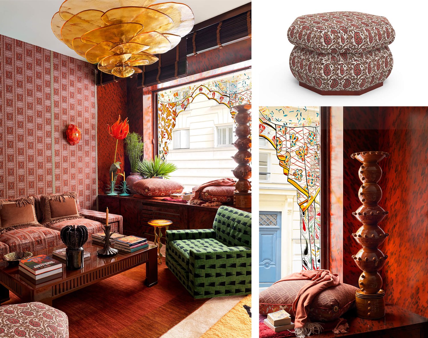 Three images from a specific home. One is an ornate living room.  Second is a closeup of a pillow, pillar candle holder and a throw blanket in front of a stencilled window. The inset image is of a multi-sided upholstered ottoman.