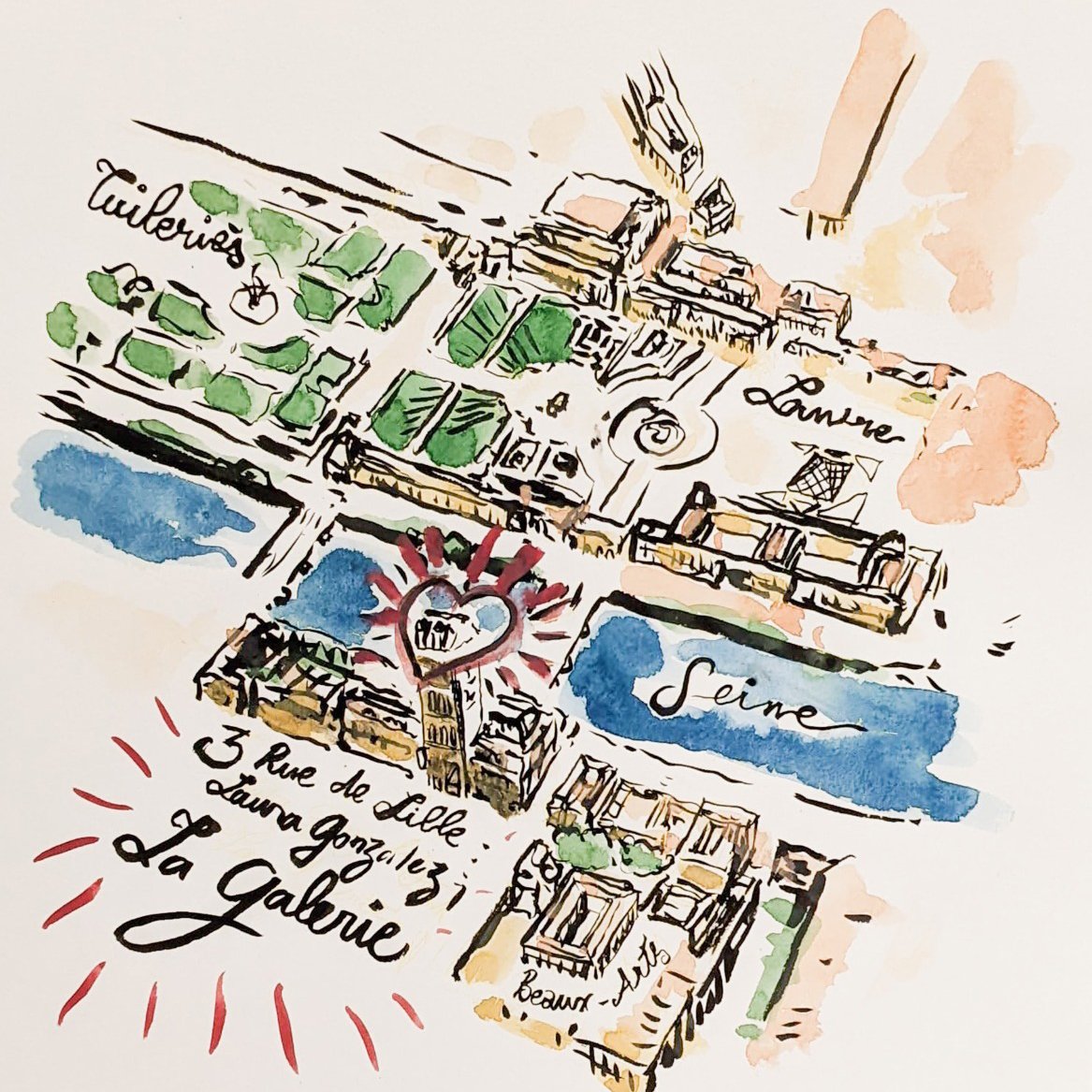 Hand draw graphic map of Paris along the Seine.