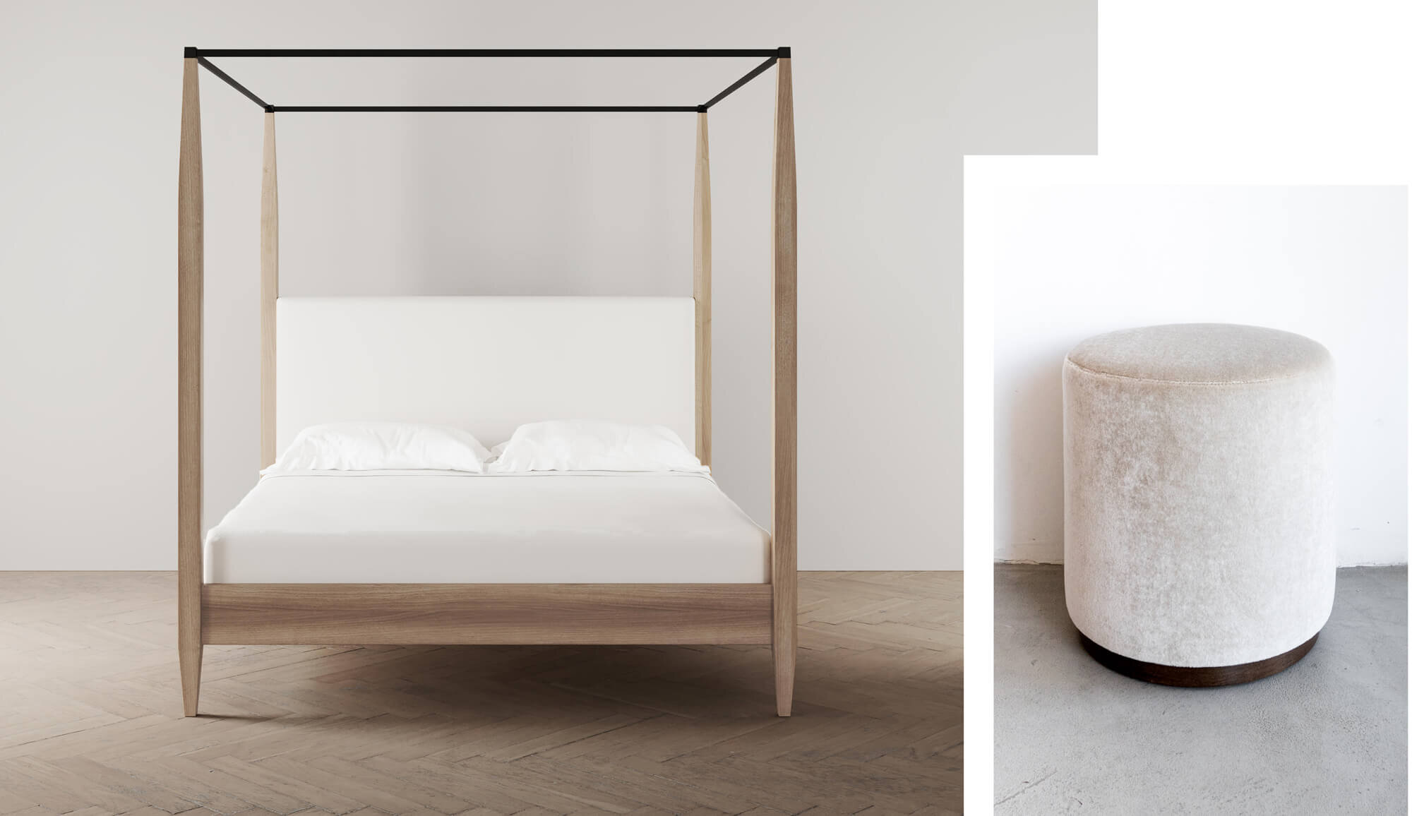 Two images, one is a four poster canopy bed and the other is a small round upholstered ottoman.