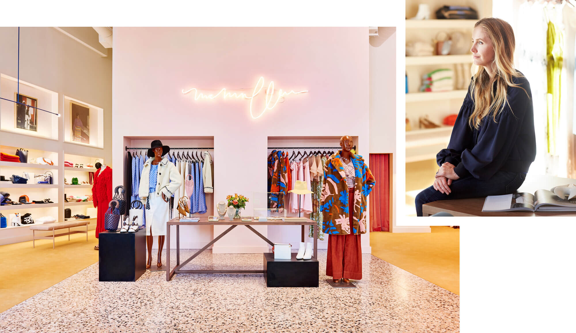 Large image of polished well-lit boutique and an inset image of designer looking away from camera.