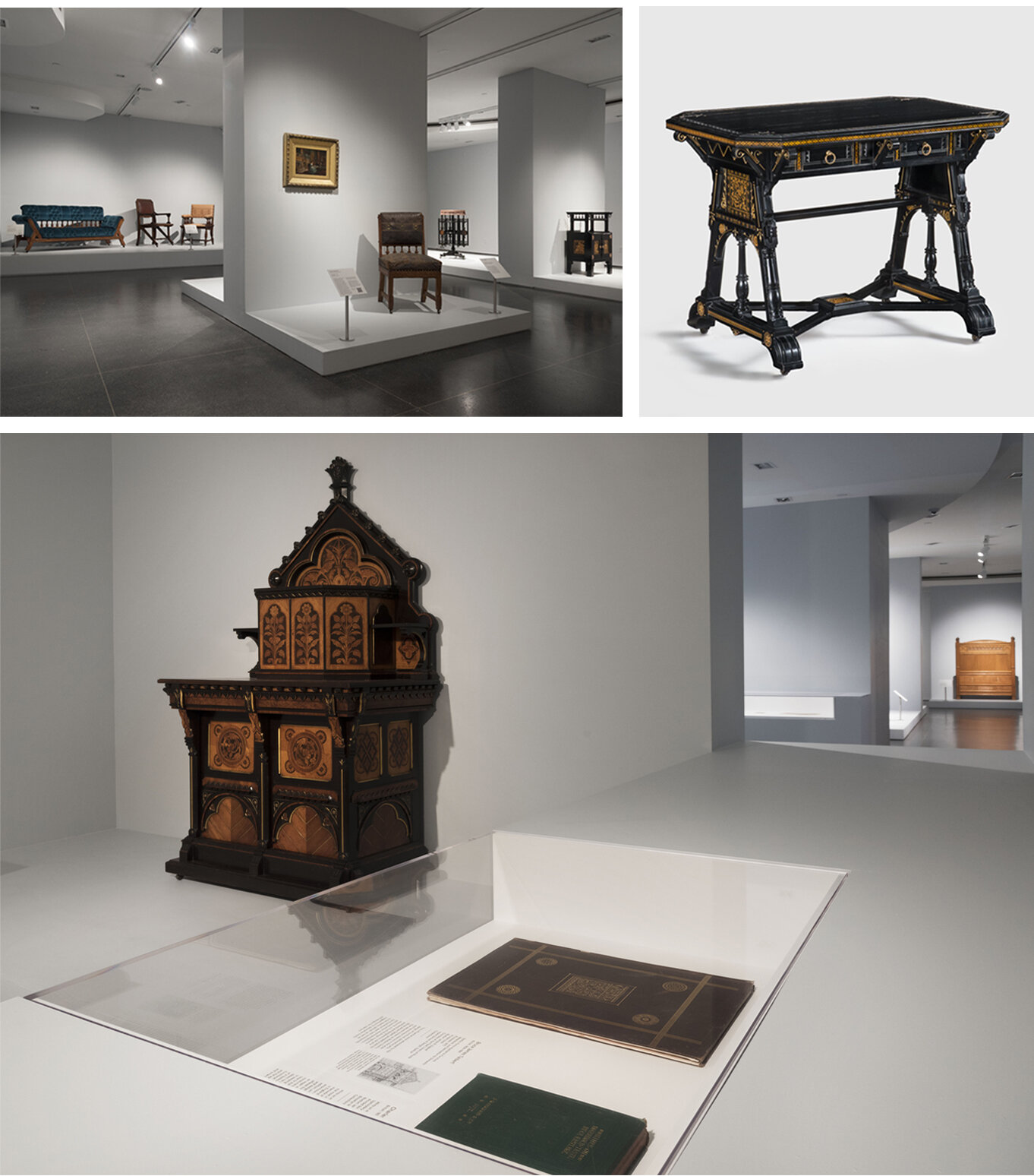 Three images from a museum showing various pieces of furniture from this era.