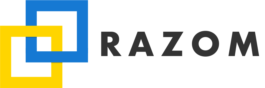 Two interlocking square frames with name of RAZOM adjacent.