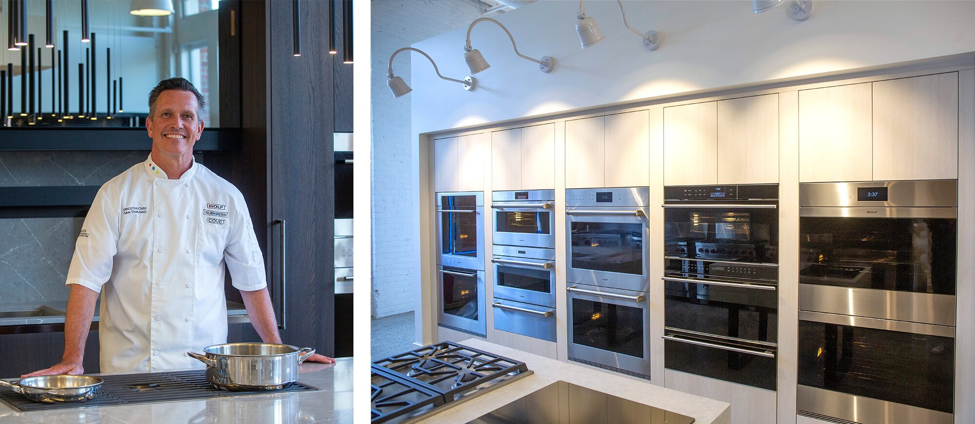 Two images: First image is chef in whites smiling in his kitchen. the other shows a wall of different built-in warming and baking ovens.
