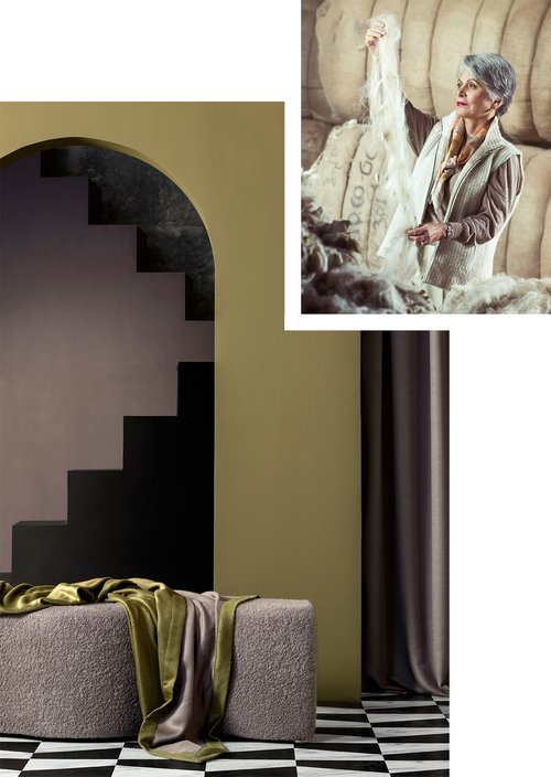 Inset image of woman inspecting fabric swatches. The larger image is of satiny drapes placed over a sculptural seat with archway behind.