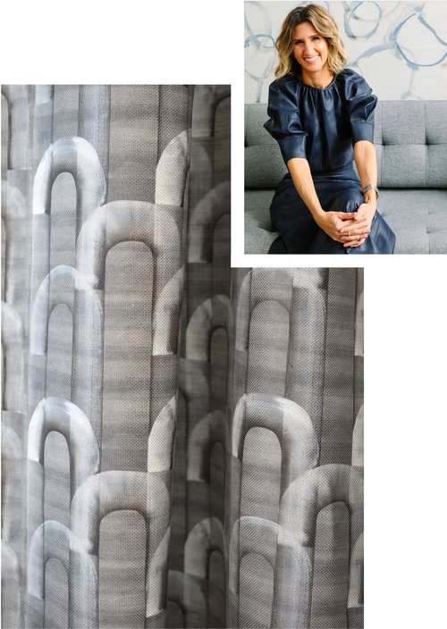 Small image of designer smiling inset into larger picture of wallpaper with a fabric style repeated print.