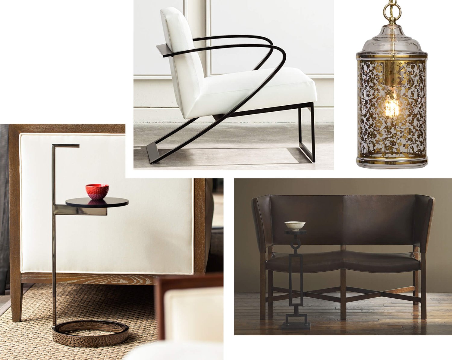 Four images showing different furniture pieces: a low modern armchair with curved metal base and upholstered seat and back; a small side table with round metal base and arm; a two-person bench with small side table and a lantern style pendant lamp.