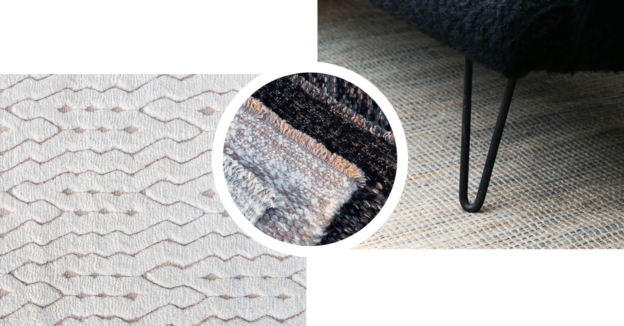 Three images showing different rug textures.