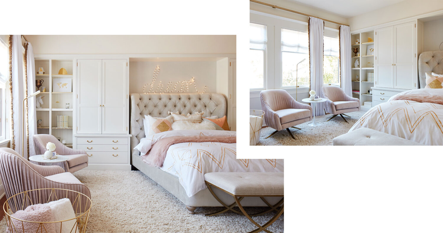 Two images of a sumptuous, feminine bedroom in tones of pink, gold and cream.