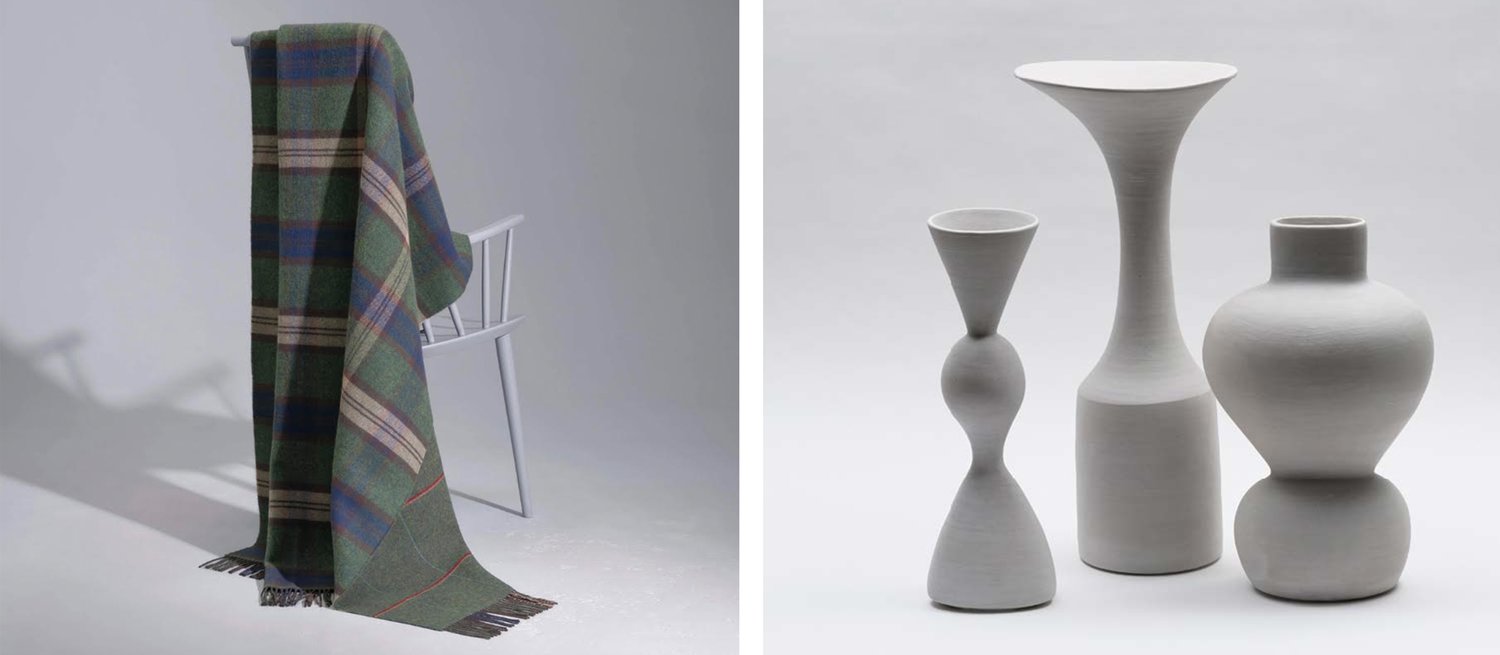 Two side by side images. One of a plaid blanket draped on back of a wood chair. The other are three sculptural vases.