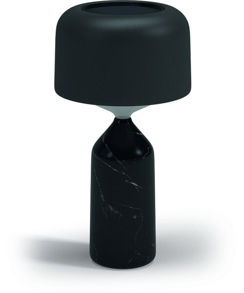 Modern lamp with bottle shaped base and domed top.