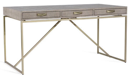 Modern desk with brass base and top with three drawers.