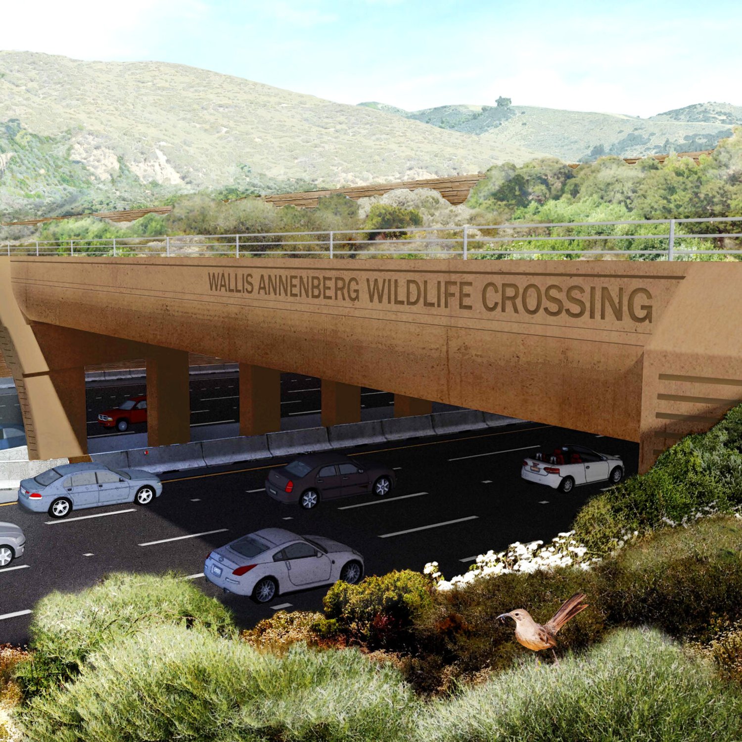 Closeup of the overpass of the Wallis Annenberg Wildlife Crossing over a highway.